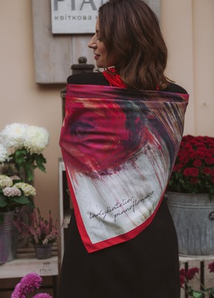 Red scarf shawl with the image of flowers in artificial silk 36,6 inches1 photo