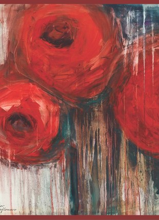 Red scarf shawl with the image of flowers in artificial silk 36,6 inches8 photo
