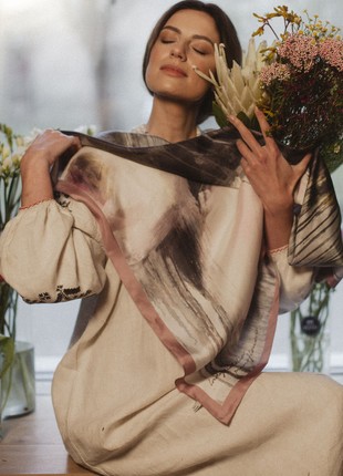 Soft pink scarf shawl with the image of flowers in artificial silk 36,6 inches