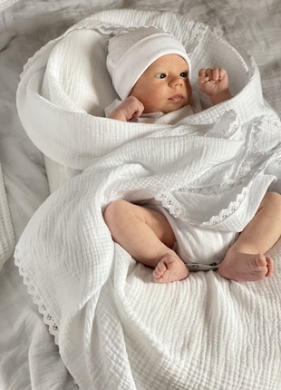 White lace swaddle blanket, Baptism blanket from momma&kids brand3 photo