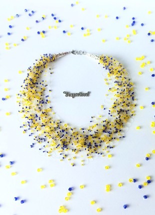 Yellow blue necklace, Ukrainian flag necklace, seed bead necklace, layered necklaces, large beaded necklace