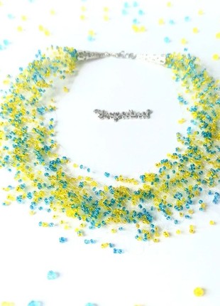 Yellow blue necklace, Ukrainian flag necklace, seed bead necklace, layered necklaces, large beaded necklaces women, crochet necklace