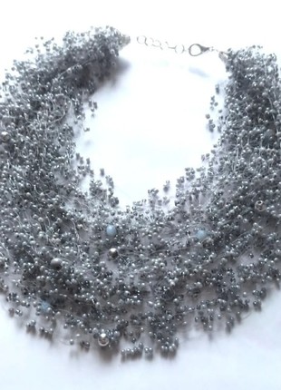 Grey beads necklace, layered statement necklace, long stones necklaces, crystal air necklace, grey pearls choker