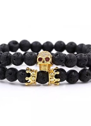 Gold-Tone Skull & Crown Lava Stone Bracelet Set (12001)2 photo