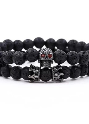 Lava Stone Bracelet Set with Black Crowns and Skull (12002)2 photo
