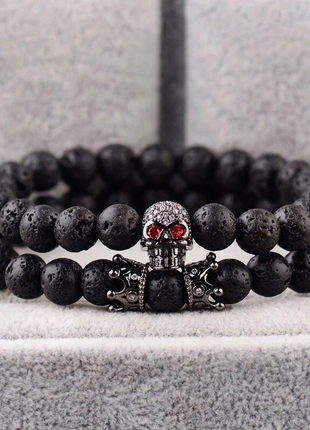 Lava Stone Bracelet Set with Black Crowns and Skull (12002)3 photo