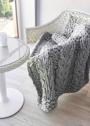 Small chunky knit throw gray, Bulky wool blanket, Handmade
