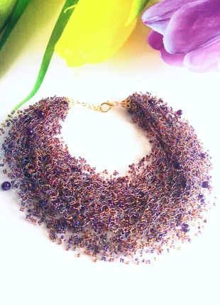 Purple beaded necklace, violet beads necklace, chunky crystal necklace, native woman necklace, pearl bib necklace
