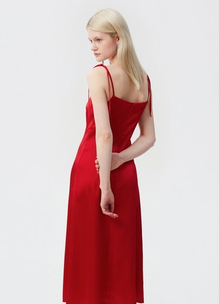 Red satin midi dress with leg slit4 photo
