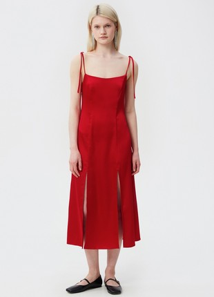 Red satin midi dress with leg slit1 photo