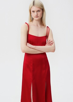 Red satin midi dress with leg slit3 photo