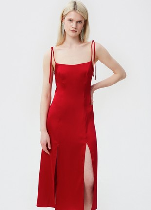 Red satin midi dress with leg slit2 photo