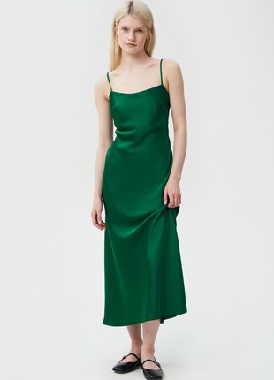 Dark green satin open-back dress