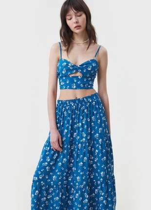 Blue viscose midi skirt in floral print
