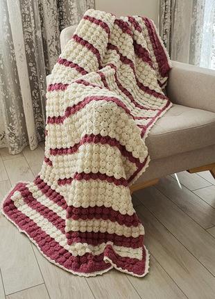 Crochet wool blanket white, pink strips, Volumetric pattern, Handmade4 photo