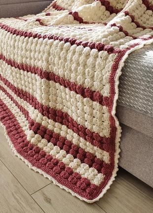 Crochet wool blanket white, pink strips, Volumetric pattern, Handmade2 photo