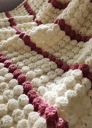 Crochet wool blanket white, pink strips, Volumetric pattern, Handmade3 photo