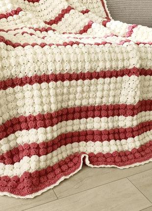 Crochet wool blanket white, pink strips, Volumetric pattern, Handmade5 photo