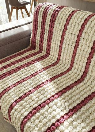 Crochet wool blanket white, pink strips, Volumetric pattern, Handmade6 photo