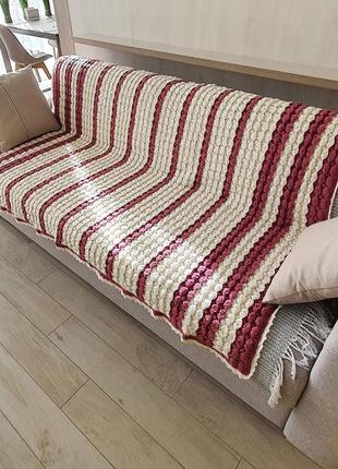Crochet wool blanket white, pink strips, Volumetric pattern, Handmade7 photo