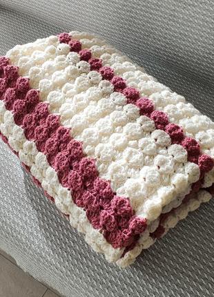 Crochet wool blanket white, pink strips, Volumetric pattern, Handmade9 photo