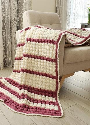 Crochet wool blanket white, pink strips, Volumetric pattern, Handmade