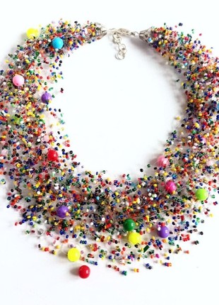 Rainbow crochet necklace, large bead necklace, long rainbow necklace, colorful bead necklace