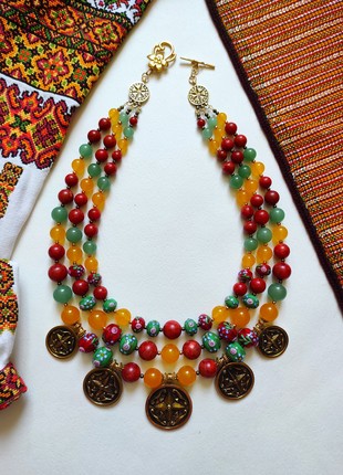 Necklace "From Kosmach (2)" from glass beads, chalcedony  and sponge coral