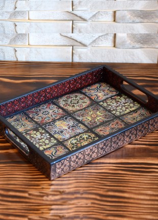 Wooden serving tray with imitation of Mexican Talavera tiles