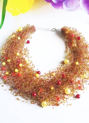 Brown beaded necklace, layered necklaces, gold chunky necklaces, crochet pearls necklace, large bead necklace