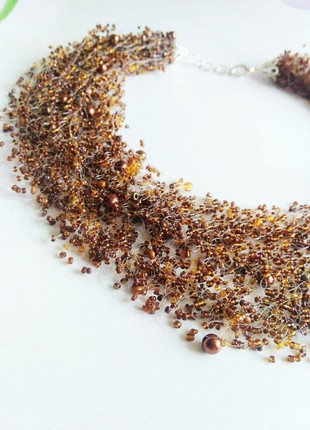 Brown beaded necklace, layered necklaces, gold chunky necklaces, crochet pearls necklace, large bead necklace