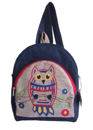 Jeans backpack «with embroidered owl»