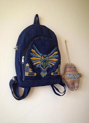 Jeans embroidered backpack «owl-batman»