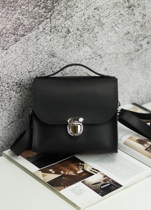 Women leather bag with top handle and shoulder strap / Black - 10348 photo