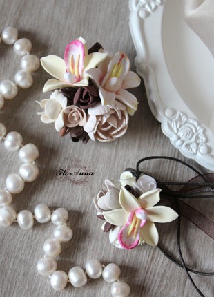 Jewelry set with flowers. Pendant and hairpin brooch3 photo
