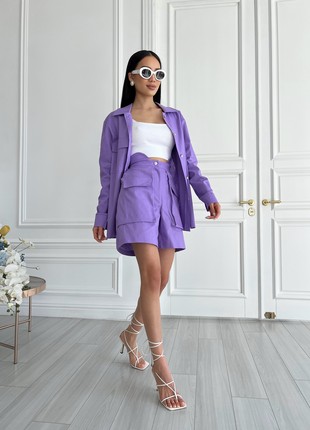 Stylish two-piece suit with linen shorts in lilac color4 photo