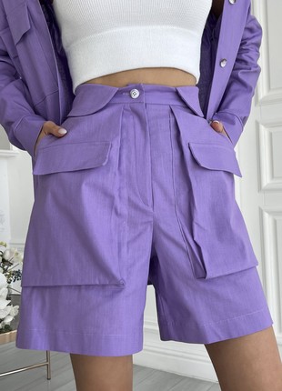 Stylish two-piece suit with linen shorts in lilac color7 photo