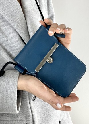 Blue leather smartphone pouch, Leather case for iPhone, Blue leather crossbody for smartphone, Lamponi Crossbody Phone-1 blue2 photo