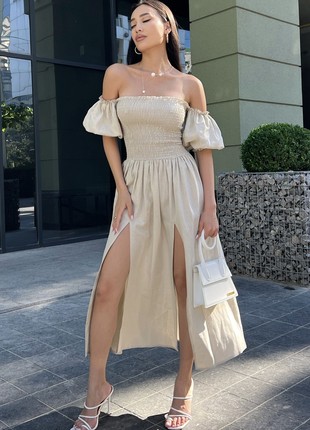 Mona linen summer dress in beige color