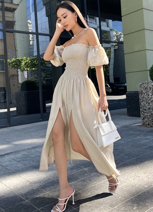 Mona linen summer dress in beige color3 photo