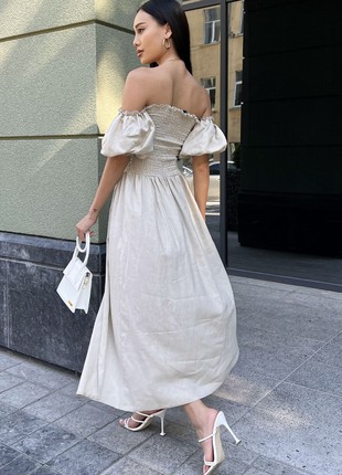Mona linen summer dress in beige color5 photo