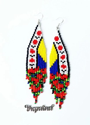 Multicolorful handmade earrings, long beaded fringe earrings, native Ukrainian seeds earrings