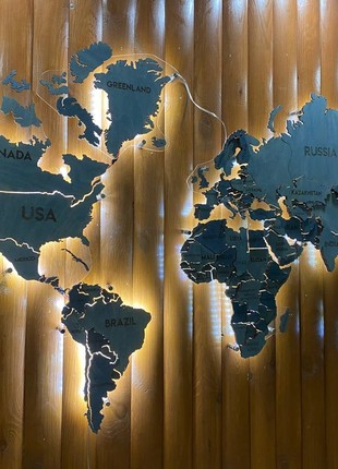 Multilayer world map on acrylic glass with backlighting between countries color Blue 300x175 cm (118*70 in)