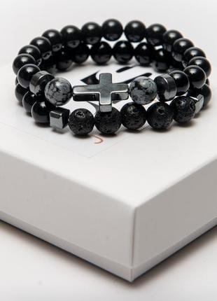 Agate, lava stone, obsidian double bracelet agate grey cross2 photo
