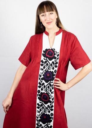 Red lilen dress with flowers (hand embroidery)3 photo