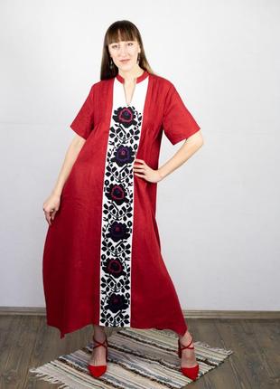Red lilen dress with flowers (hand embroidery)2 photo