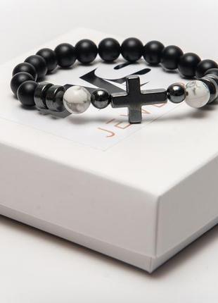 Shungite, cacholong, hematite bracelet for men or women, grey cross2 photo