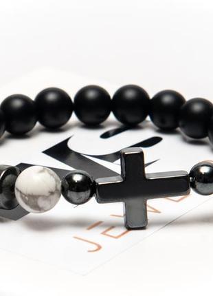 Shungite, cacholong, hematite bracelet for men or women, grey cross3 photo