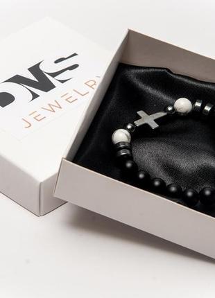 Shungite, cacholong, hematite bracelet for men or women, grey cross4 photo
