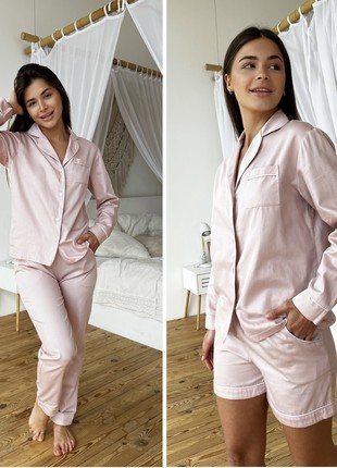 COZY 3-piece satin pajama set for women (shirt+pants+shorts) Pearl dust powder SP100/1231 photo